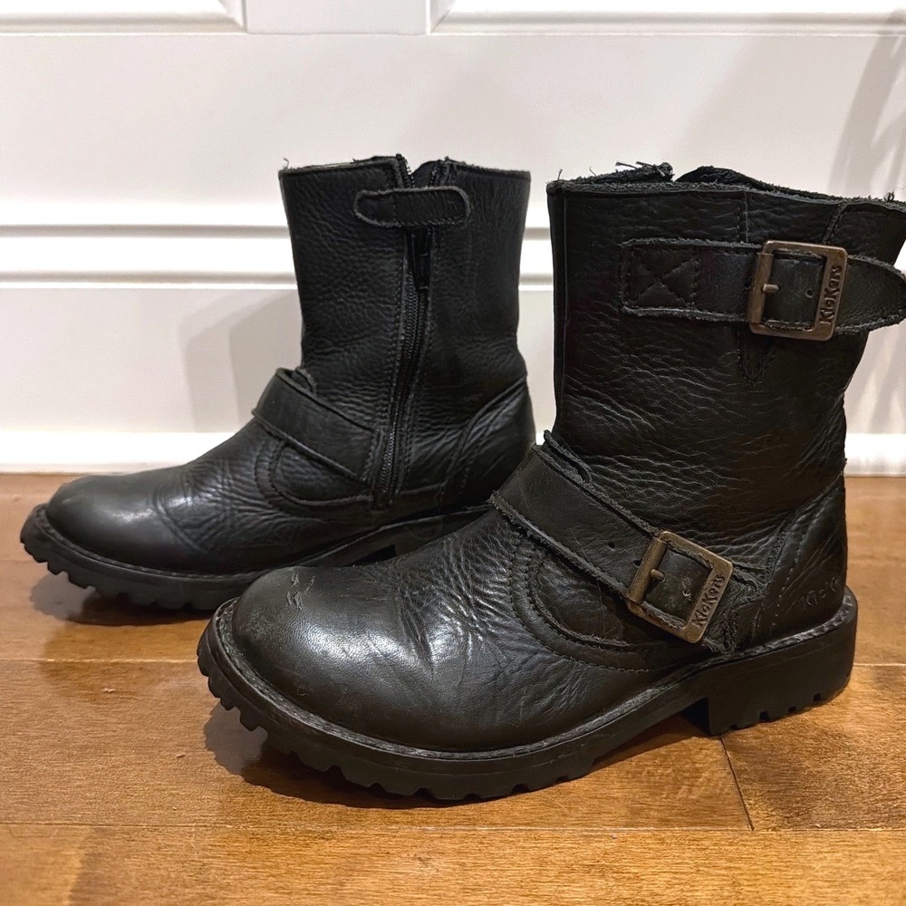 Kickers Engineer Boots Kids EU 30 Black Leather Buckle Moto Biker Harness Boot